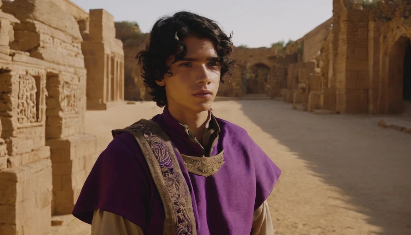 A teenager with short black wavy hair, the ends of his hair are purple, and he is wearing an archaeological type of outfit.