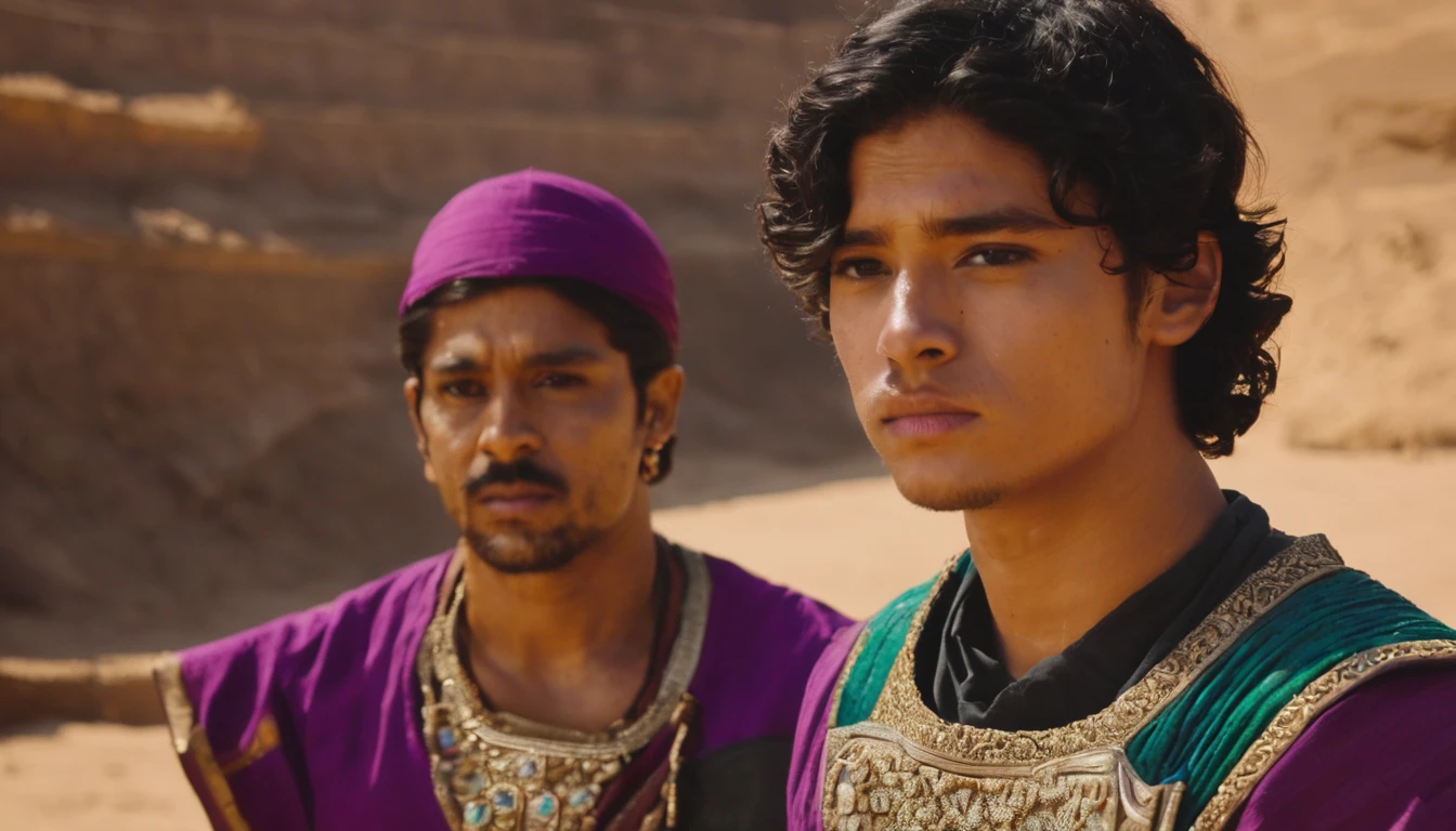 A teenager with short black wavy hair, the ends of his hair are purple, and he is wearing an archaeological type of outfit. 