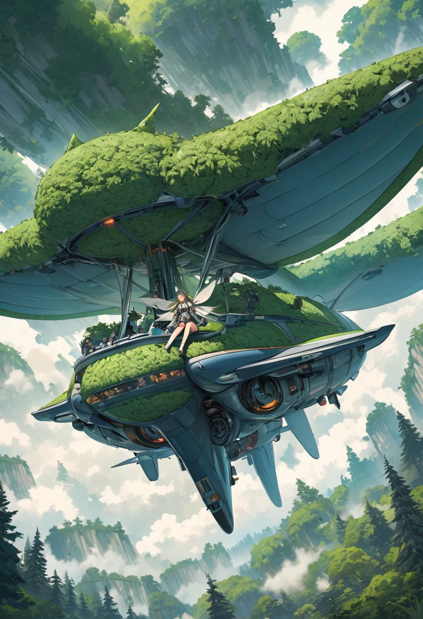 Very detailed、whole body、Woman flies over a giant forest in a jet-powered glider