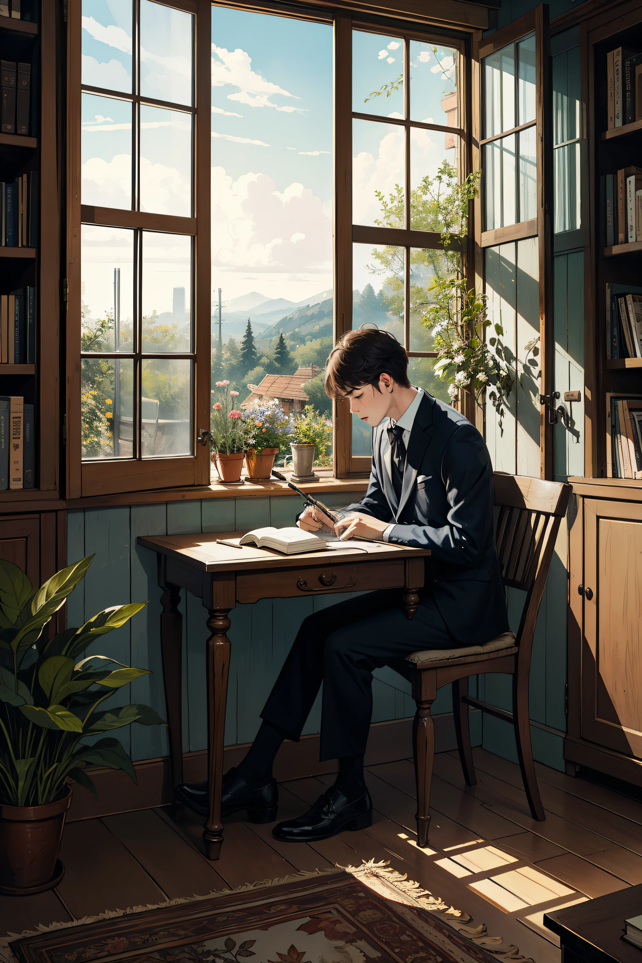 Someone is learning, Someone is writing, bookshelf, Country Style, comfortable environment, Classic style, Paintings on the wall, artwork, Sculpture, Classic Dress, Formal wear, Windows overlooking the garden, Nice scenery