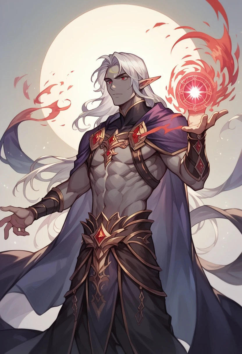 Ultra Detailed, Beautiful, Masterpiece, Best Quality, Elf, Epic, Fantasy, ashen grey skin, long silver hair, mage, red eyes, black and deep purple robes, shadow magic,1guy.