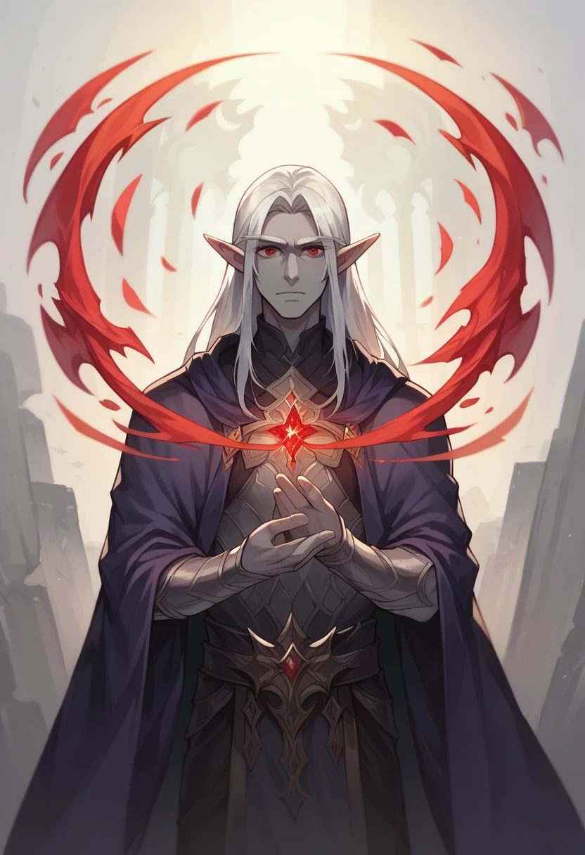 Ultra Detailed, Beautiful, Masterpiece, Best Quality, Elf, Epic, Fantasy, ashen grey skin, long silver hair, mage, red eyes, black and deep purple robes, shadow magic,1guy.