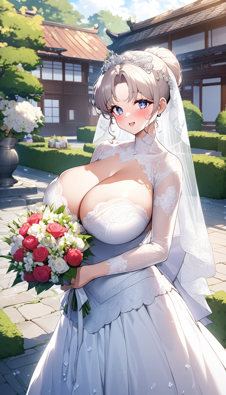 Huge breasts in wedding dress with huge lace neckline with veil and bouquet in a Japanese courtyard