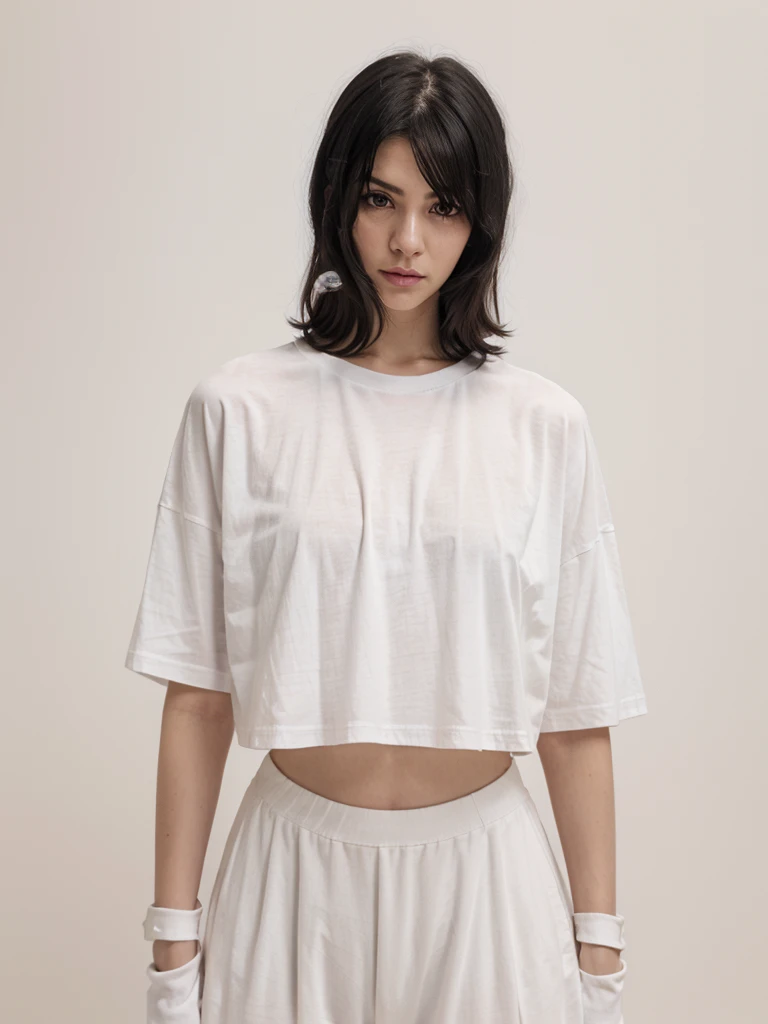 Best quality, masterpiece, ultra high res, (photorealistic:1.5), raw photo, 1 mature Ancient Egyptian girl, (((white cropped oversized  t-shirt hirt))), wide shoulders, in the dark, deep shadow, low key, cold light, sexy look, black Cleopatra's hair (((black hair))), bright eyes, yin sanpaku eyes, eyeshadow, (((plain white background))), cinematic studio lighting