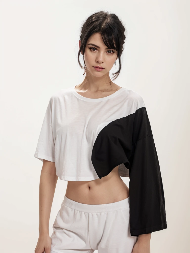 Best quality, masterpiece, ultra high res, (photorealistic:1.5), raw photo, 1 mature Ancient Egyptian girl, (((white cropped oversized t-shirt hirt))), wide shoulders, in the dark, deep shadow, low key, cold light, sexy look, black Cleopatra's hair (((black hair))), bright eyes, yin sanpaku eyes, eyeshadow, (((plain white background))), cinematic studio lighting