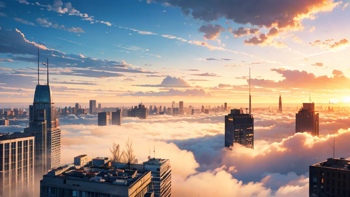 Between the buildings, Sunrise in the busy city, (Ultra-high resolution,8k),Fantasy, The world of picture books, (Highest quality), Super detailed, Outstanding Image, (Photorealistic), The fog rolls in