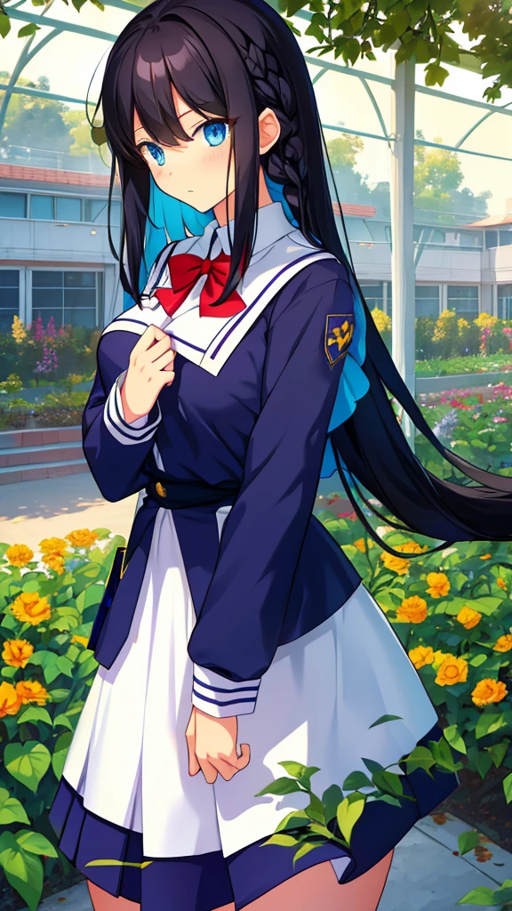 best quality, extremely detailed,anime style girl,long hair down to the waist, straight hair, ((dark black hair with bluish)),braid,beautiful detailed eyes, pinched eyes, (dark blue eyes),huge breasts,curvy,((((white main brightly colored princess school uniform)))),clothing with complex patterns,cool expression,((((school garden)))),((Diagonal angle))
