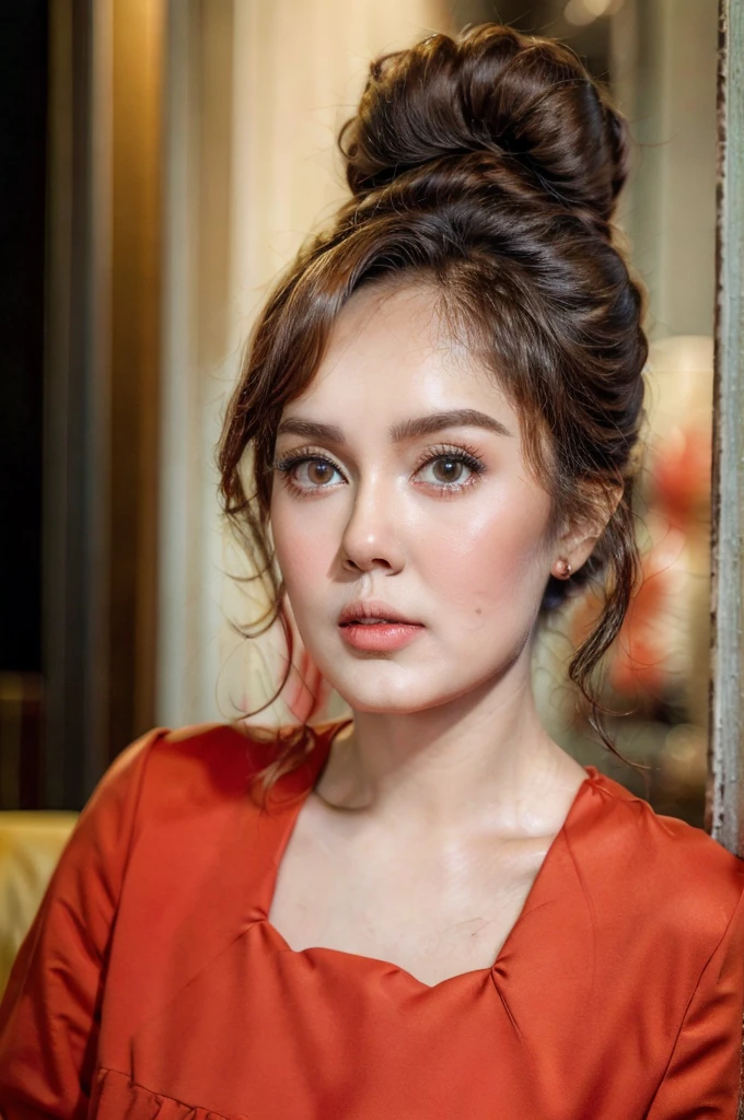 ((my face is very sad)), ((Straddling)), (( afro bun Hairstyle)), (Malaysia female), age 40 years old , chubby face. cute, 8K, photottorialism, retro dress red..