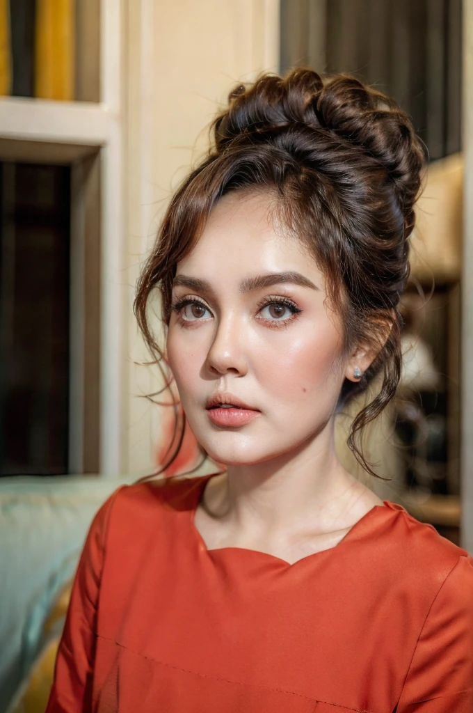 ((my face is very sad)), ((Straddling)), (( afro bun Hairstyle)), (Malaysia female), age 40 years old , chubby face. cute, 8K, photottorialism, retro dress red..