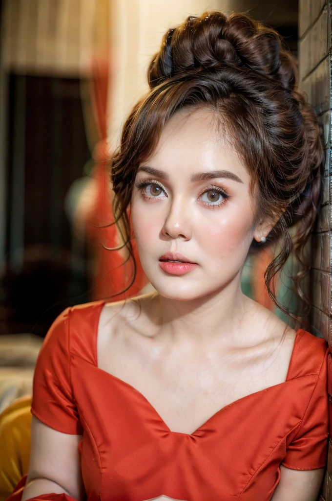 ((my face is very sad)), ((Straddling)), (( afro bun Hairstyle)), (Malaysia female), age 40 years old , chubby face. cute, 8K, photottorialism, retro dress red..