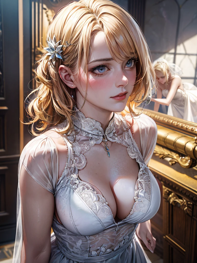 unparalleled masterpiece, ultra realistic 8k CG,masterpiece,pov,(delicate photograph,ultra_detailed,16k,raw photo:1.3),(realistic:1.9,photorealistic:1.9), beautiful detailed eyes,1 women,MILF,solo,full body, detailed luxury room scenery, detailed aristocracy dress, blonde wavy hair, slender body, precious hair ornament, d-cup chests,wedding dress, transparent dress,white pantyhose