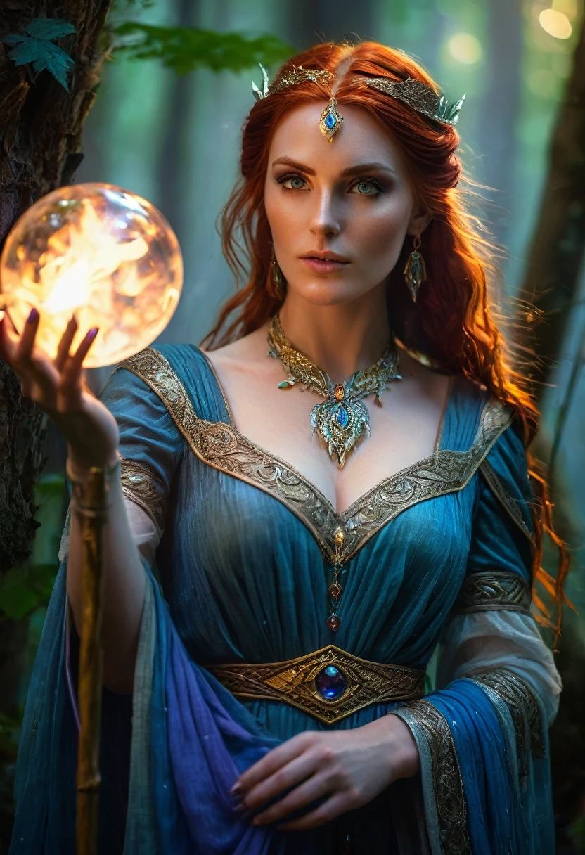 Triss Merigold makes fire magic in her hands, best quality, high resolution, Ultra-detailed, (realistic: 1.37), beautiful detailed eyes, beautiful detailed lips, extremely detailed eyes and face, long eyelashes, (HDR: 1.1), (colors vivid:1.1),(sharp focus:1.1),(physically based rendering:1.1),Portrait,sorceress,red hair,distinct white stripe,intricate gold jewelry,elven heritage,blue eyes,confident expression,Fierce,standing on a magical forest, against a backdrop of ancient trees and mist, holding a wooden staff with a glowing crystal sphere on top, wearing a flowing dress made of shiny fabric, soft sunlight filtering through the leaves, casting a warm, ethereal glow over her ,mysterious shades of blue and purple surround her, illuminating her with a mystical aura.