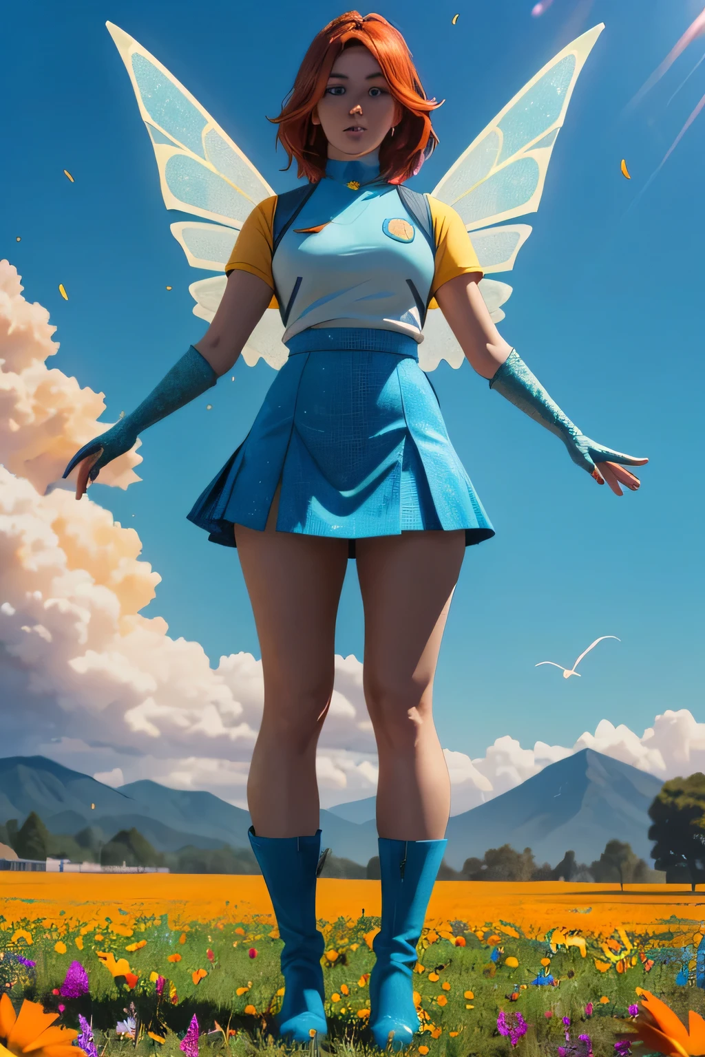 (ultra realistic,32 mil, work of art:1.2),(highly detailed skin:1.1),( high qualiy:1.1),
Bloom, hair orange, blue colored eyes, booties, blue skirt, mitts, shirt blue, wings, Glossy clothing, thicc thighs, field of flowers, flowers,sunshine light, pollen, pollen particles, nblurry background,, (Huge breasted,large breasted:1.1),(looking ahead at viewer, standing:1.1),(volumetric lighting:1.1),