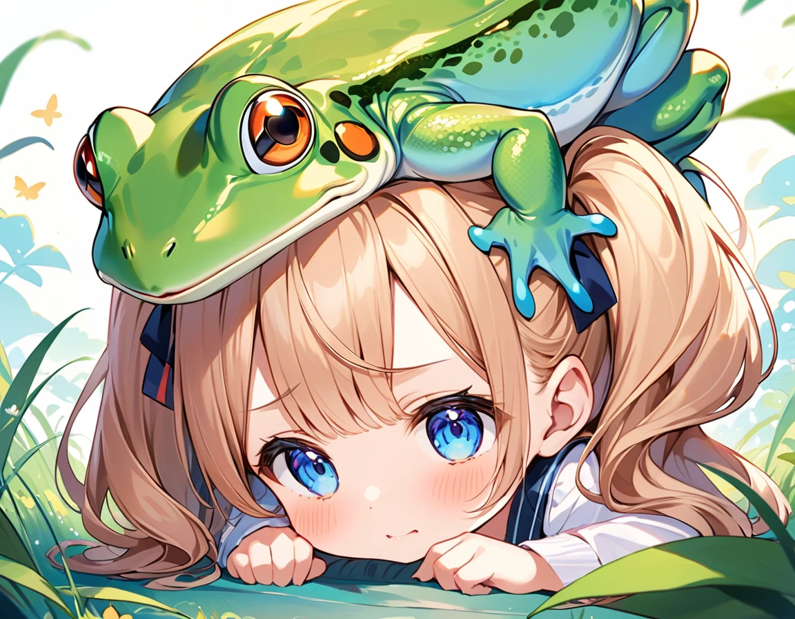 Highest quality、High resolution、Detailed Background、Beautiful face in every detail、Anatomically correct、Detailed facial expressions、fine grain、((full body, from below, side view)), ((One Girl))、Chibi Girl、Cute hair color、Big beautiful blue eyes、Braided twin tails、Elementary school, (Tank top、Vneck、mini skirt、Cute Shoes)、break grassland、((Lying face down、Rest your chin on your hands and bend your knees))、Giant baby frog in front of my face、((Face to face with a frog))、Poke with your finger、I'm a little scared、I have a lot of tears in my eyes、An expression that looks like it's about to cry、Close up hands、