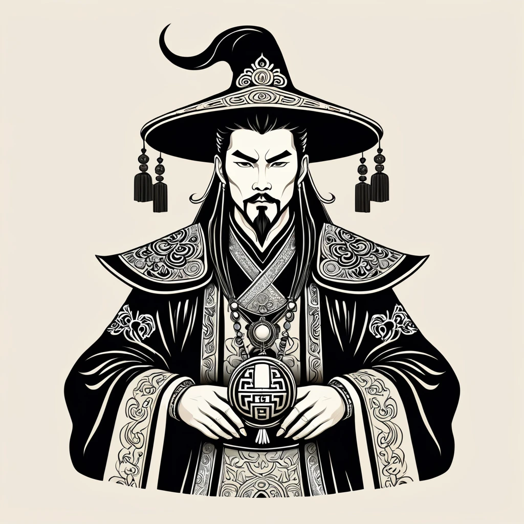 hungarian warlock in chinese folk outfit, vector graphics, strong contours
