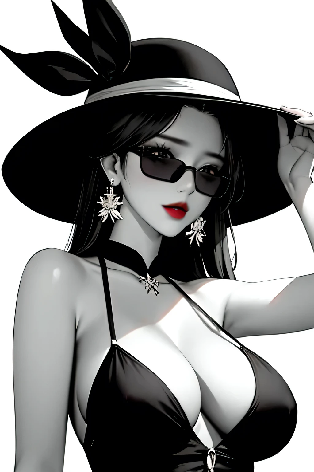 1girl, sunglasses, solo, hat, lipstick, red lips, long hair, dress, plunging neckline, makeup, monochrome, white background, earrings, cleavage, jewelry, upper body, spot color, hair over shoulder,dark theme,shiny,shiny skin,milf,(mature female:1.2), không nhìn vào người xem