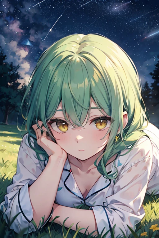top quality,Perfect Face, long dark green hair, yellow eyes, collarbone,Master of Light and Shadow,pajamas,Meadows in the wild,Bright starry sky,Lying lazily on the grass,Meteor Showers