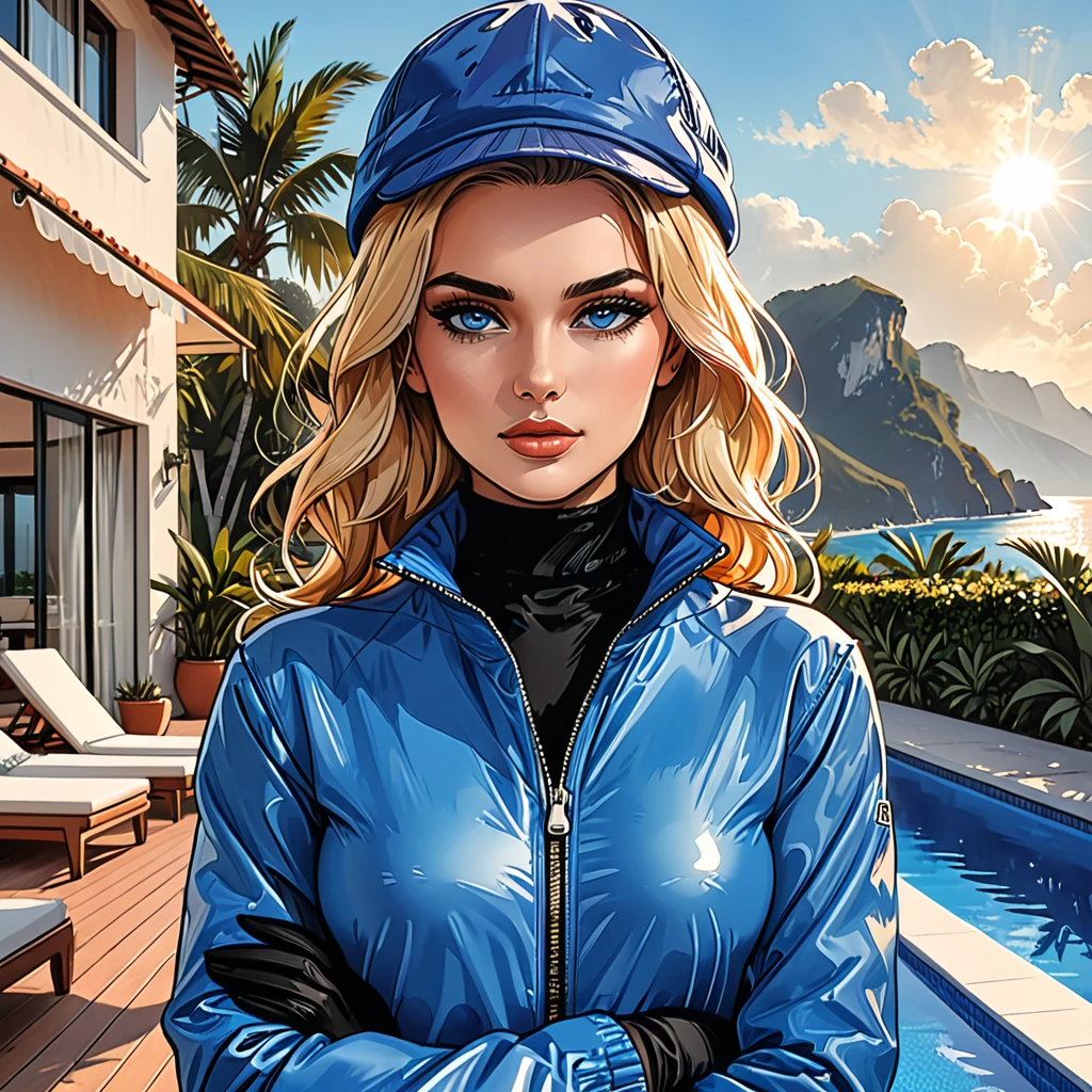 ((hand on own arm):1.5),
(((girl in Blue zipped up down winter jacket and black turtleneck )) and levis (jeans) and blue gloves and (((blue winter hat)))) holding hand on own arm against the backdrop of a white hotel in the tropics,outside, sun lounger, white hotel, swimming pool,adult, [Nordic], perfect Olive skin, Oval Face, Rounded shoulders, (Short blonde Waves hair), snub nose, Arched eyebrows, ((Monolid blue Eyes)), High Round Narrow cheekbones, Dimpled Cheeks, Rounded Chin, Rounded Jawline, Full nude Lips, (blue eyes), Nude Makeup Look, long eyelashes, graphic style of novel comics, perfect hands, 2d, 8k, hyperrealism, masterpiece, high resolution, best quality, ultra-detailed, super realistic, Hyperrealistic art, high-quality, ultra high res, highest detailed, lot of details, Extremely high-resolution details, incredibly lifelike, soft cinematic light,