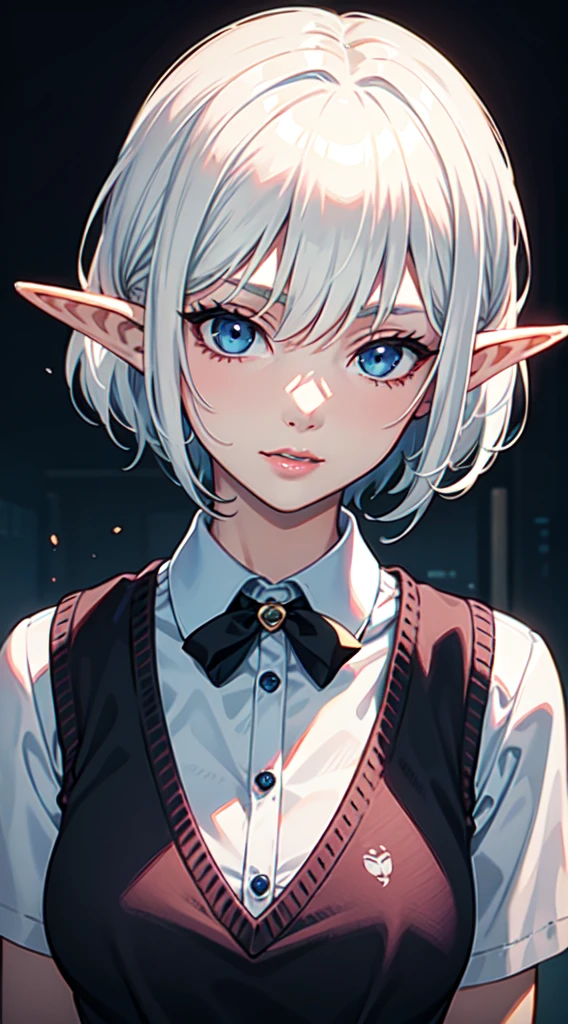 (masterpiece, best quality: 1.3), (ultra-detailed, cinematic lighting), (illustration), (beautiful detailed face, eyes), (school uniform, Sweater vest:1.2), (elf:1.2) (1girl), Tilting Head, light Smile, Light pink lips, (white hair, sidelock, Pixie cut), Deep Blue Eyes, squinting, medium breast, upper body, looking at viewer, depth of field, by Yusuke Murata, Artgerm.
