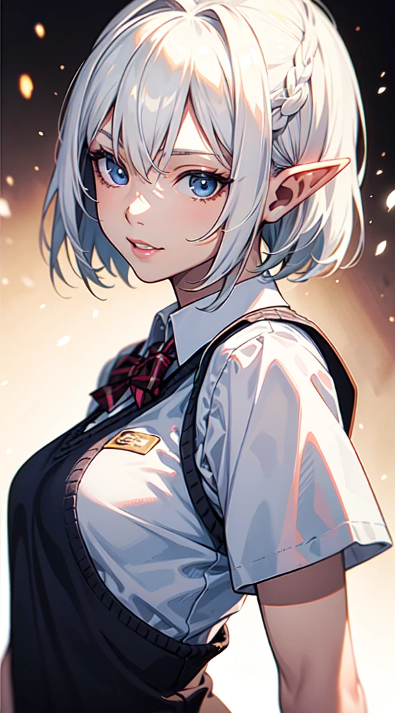 (masterpiece, best quality: 1.3), (ultra-detailed, cinematic lighting), (illustration), (beautiful detailed face, eyes), (school uniform, Sweater vest:1.2), (elf:1.2) (1girl), Tilting Head, light Smile, Light pink lips, (white hair, sidelock, Pixie cut), Deep Blue Eyes, squinting, medium breast, upper body, looking at viewer, depth of field, by Yusuke Murata, Artgerm.