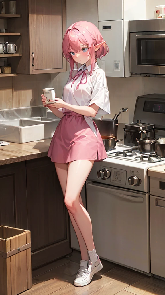 A girl who has short pink hair that reaches past her neck, she has some decorations in her hair and has pointy elf ears, she has pink eyebrows and her hairlines are also pink, the pupils of her eyes are a very bright blue color, she has a young face similar to her body she is standing in the kitchen of a modern dormitory with a cute sleepy face and has just woken up with a cup of coffee in her hand she is 16 years old and has a young body but it is not voluminous, it just has curves She is wearing a long white sweater
