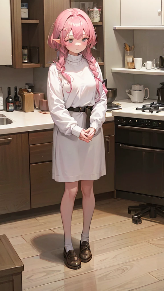 A girl who has short pink hair that reaches past her neck, she has some decorations in her hair and has pointy elf ears, she has pink eyebrows and her hairlines are also pink, the pupils of her eyes are a very bright blue color, she has a young face similar to her body she is standing in the kitchen of a modern dormitory with a cute sleepy face and has just woken up with a cup of coffee in her hand she is 16 years old and has a young body but it is not voluminous, it just has curves She is wearing a long white sweater