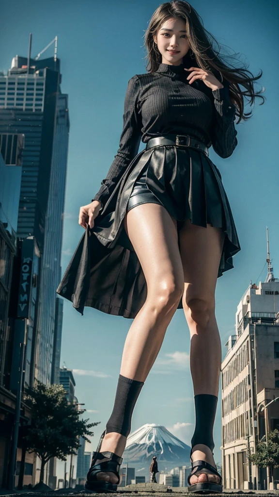 ground view, giantess city, A huge girl who is 500 feet tall., skyscrapers, I have incredibly long legs, stepping through the crowd, many people on the street, a pair of huge tits, Princini Skirt, black silk socks, black hair down to waist, Skirt with visible panties, Wearing Mary Jane heels, looking happy, standing on the ruins, beautiful appearance, exquisite makeup，quality，8k，高quality，perfect proportions, Cinema Lighting，film grain，The colors of Mt. Fuji，8k，textured skin，super detail，high detail，high quality，high resolution，To explode，fake laugh