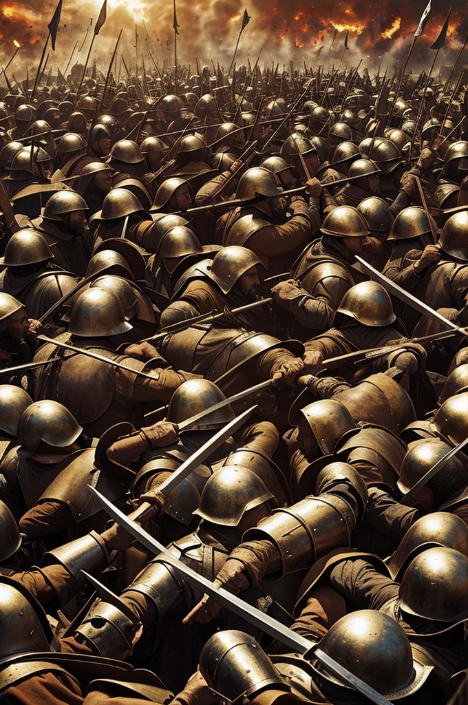 Can you create an image of a medieval war with many dead men and above the image say DH&#39;
