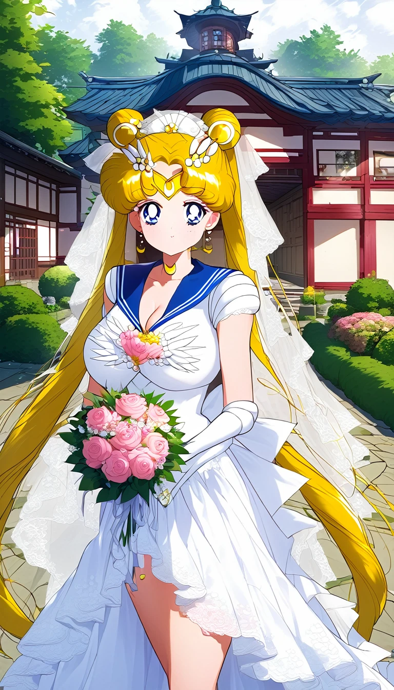 Sailor moon Huge breasts in wedding dress with huge lace neckline with veil and bouquet in a Japanese courtyard