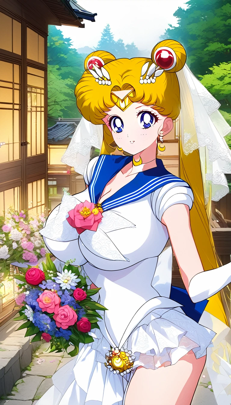 Sailor moon Huge breasts in wedding dress with huge lace neckline with veil and bouquet in a Japanese courtyard