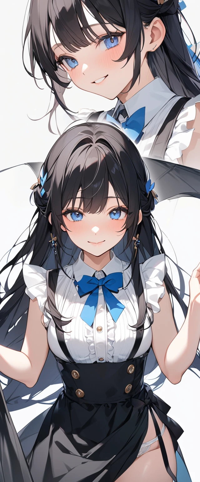 Beautiful girl in maid、(Highest qualityのイラスト:1.2), (cute女の子:1.1), (1 girl、17 years old、Highest qualityのイラスト:1.2), (1 girl、Kind eyes、blue eyes:1.2)、Black Hair、Semi-long hair、Larger breasts、sexy、smile、(Highest quality、Very detailed、cute、Ultra-high resolution)、White background、Simple Background