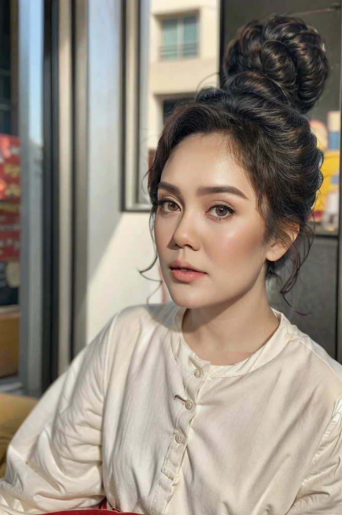 ((my face is very sad)), ((Straddling)), (( afro bun Hairstyle)), (Malaysia female), age 40 years old , chubby face. cute, 8K, photottorialism, retro dress red..