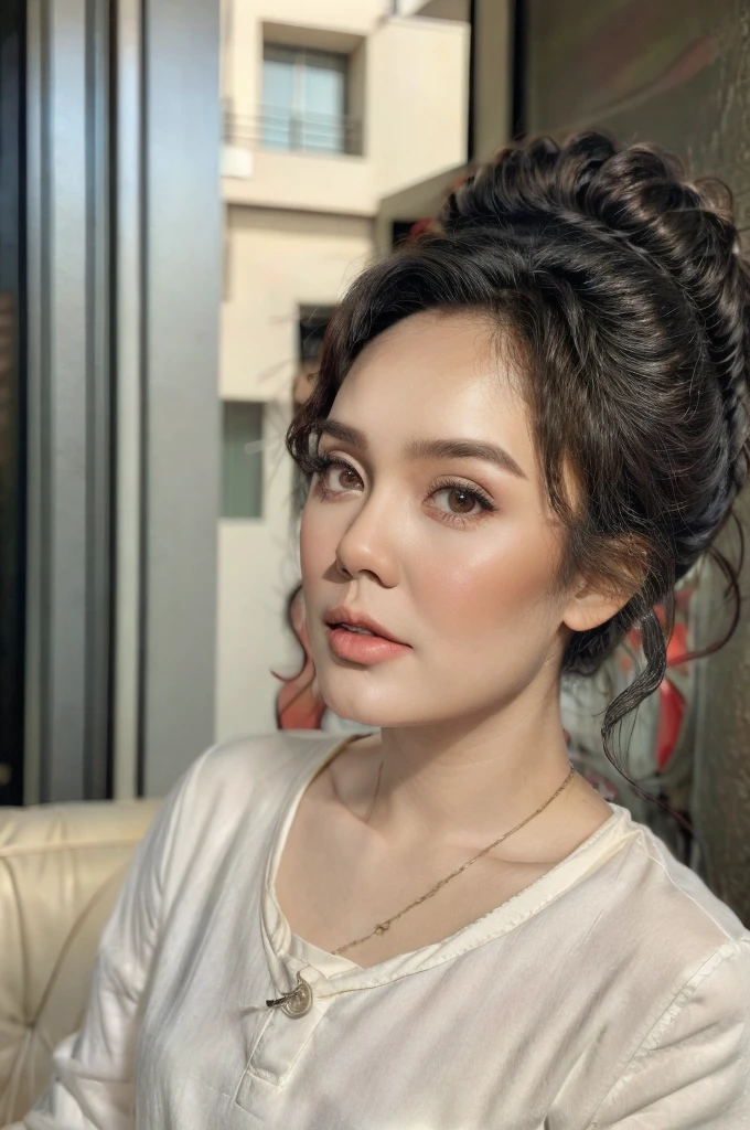 ((my face is very sad)), ((Straddling)), (( afro bun Hairstyle)), (Malaysia female), age 40 years old , chubby face. cute, 8K, photottorialism, retro dress red..