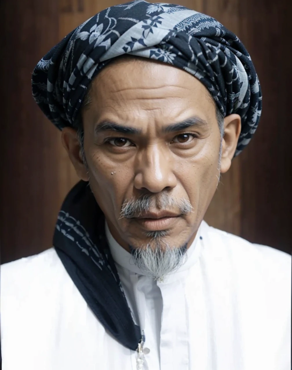 Indonesian Muslim man, 65 years old, naturally wrinkled brown skin appropriate for age, wearing a dark blue patterned turban. white Islamic clothes, oval face, tall nose, long ears, thick gray eyebrows, clear black eyes, slightly thick lower lip, thick white mustache and long beard, closed mouth. HD quality realistic images.