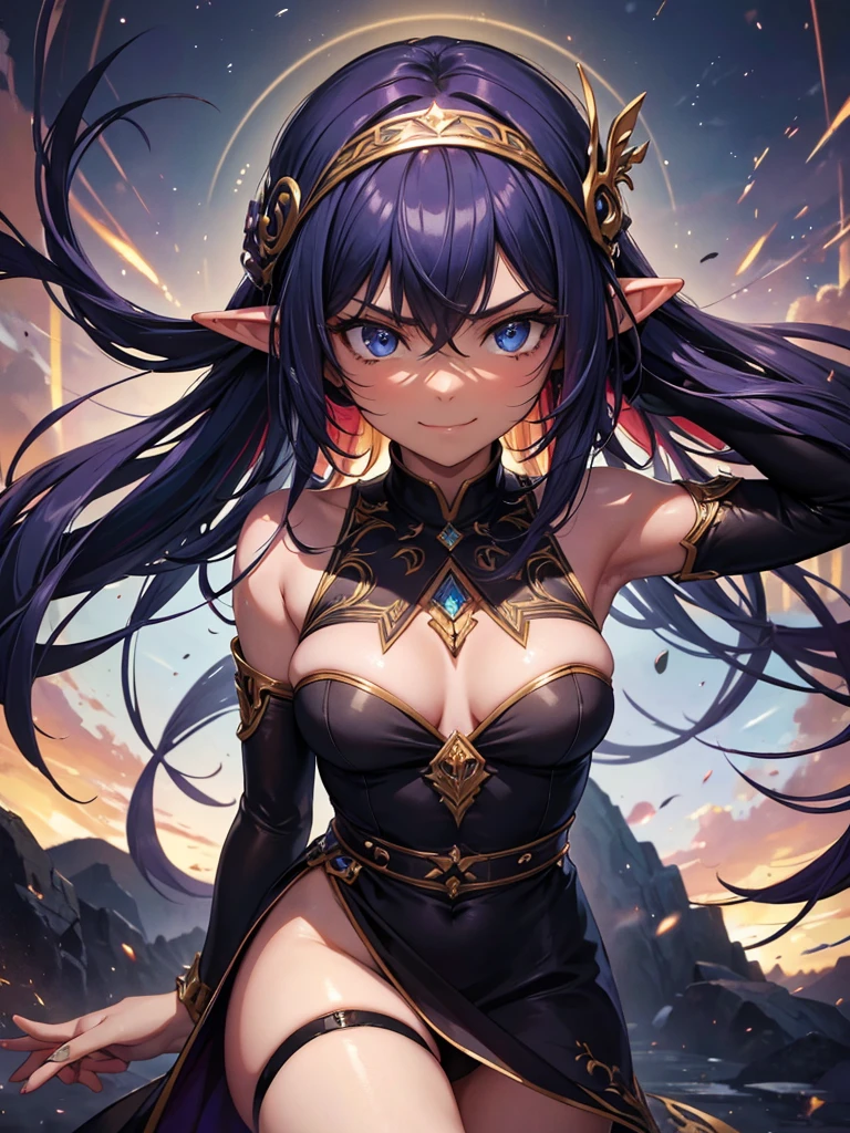 masterpiece,best quality,high resolution,ultra-detailed,perfect hands,1girl,madeon,elf,dark skin,angry smile,multicolored hair,