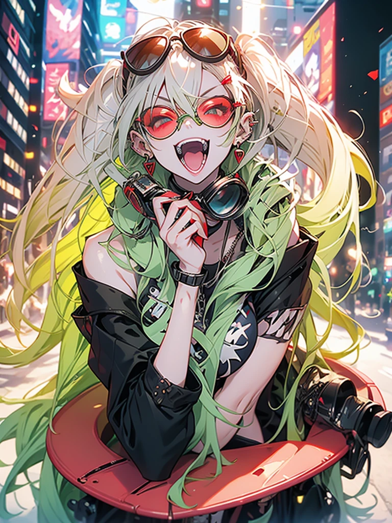 woman、Early 20s、Wicked Smile、Blonde、Long Hair、Green Eyes、Frameless sunglasses with red lenses、Face close-up、sexy、sexyなポーズ、Black tube top、Bright red long coat、R-18、City of night