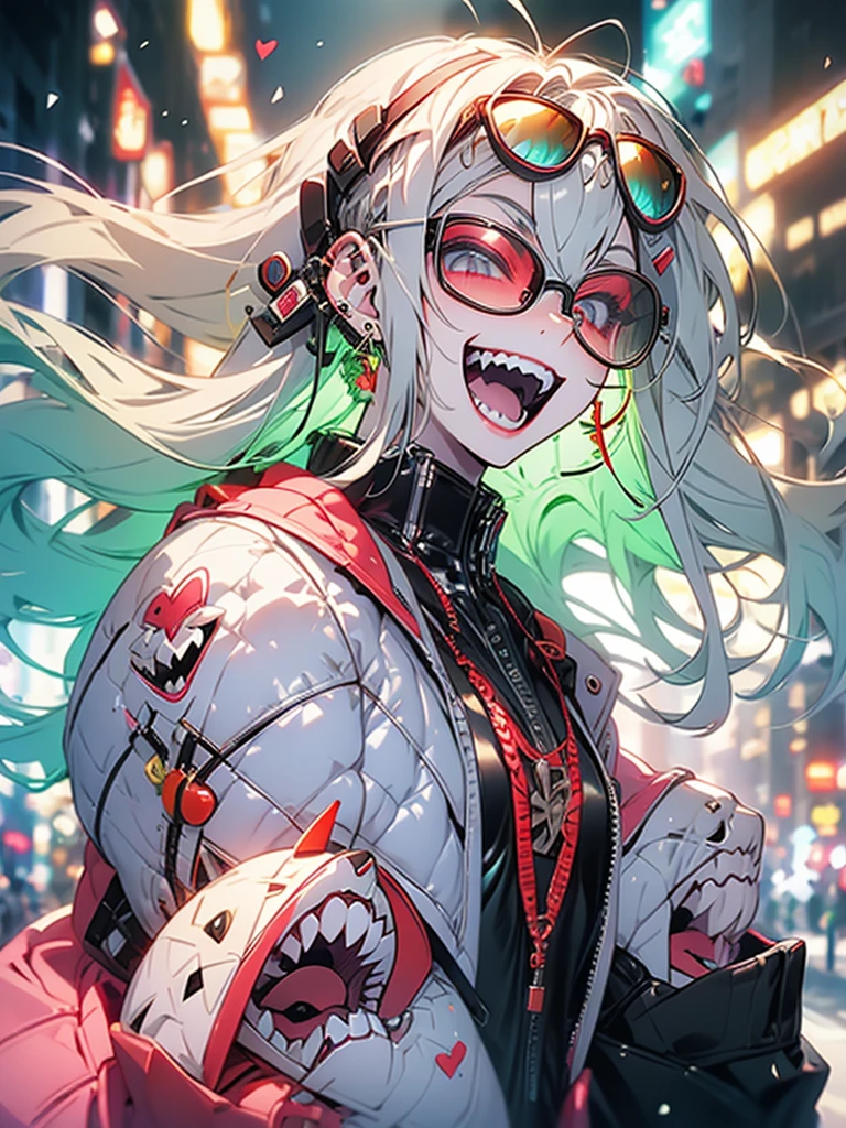 woman、Early 20s、Wicked Smile、Blonde、Long Hair、Green Eyes、Frameless sunglasses with red lenses、Face close-up、sexy、sexyなポーズ、Black tube top、Bright red long coat、R-18、City of night