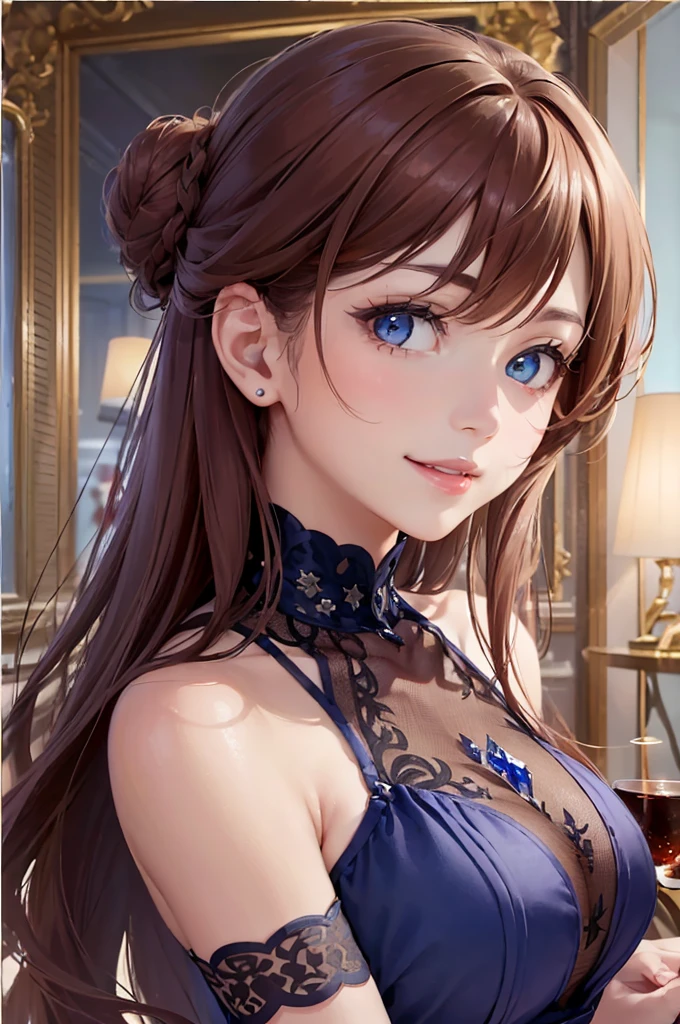 masterpiece, 1 beautiful girls, detaileds, top-quality, 超A high resolution, (Realistic: 1.4), OriginalPhotographs, Movie Lighting, A smile, Asian Beauty, very extremely beautiful, Slightly younger face, Beautiful skins, Slender, (A hyper-realistic), (hight resolution), (8k), (ighly detailed), (The best illustrations), (beautifully detailed eyes), (Ultra-detail), (wall-paper), (Detailed face), looking at the viewers, fine detailed, A detailed face、pureerosfaceace_v1、46-point diagonal bangs、(beautidful eyes:1.5)、Beautiful charming anime girl with open mouth、(reddish brown hair:1.5),(In a luxury hotel café、:1.6)、(Wearing a royal blue cocktail dress:1.5)、(Hair is tied in one bun:1.5)、Looking at the front、(a smile:1.5)
