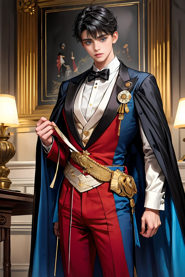 
masterpiece, 最high quality, high quality, 1 boy, alone, Male focus, Watching the audience,  Messy black hair, Adorable big blue eyes, White people, Noble, Noble,Sexy voluminous cape、Tuxedo、A very voluminous, large, very large, very large, long, long red and black cape with a high stand-up collar, reaching down to the floor, made of a lot of fabric., 17 years old,Cute beautiful boys,Cute, cute, kind, handsome guy