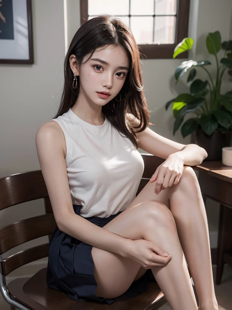 absurdres, RAW photo, extremely delicate and beautiful, masterpiece, Best Quality, ultra high resolution, 32k, hyperrealistic, ultra-detailed, perfect anatomy, super Detailed skin, perfect figure, Super Beauty, Perfect Style, Perfect balance, Beautiful Lighting, Perfect Lightning, Realistic Shadows, 20 years old, very Slim body, narrow waist, very small head, very small face, delicate facial features, handsome detailed woman, very detailed eyes and face, realistic face proportions, Realistic beautiful face, Realistic beautiful eyes, tearful mole, earring, very huge round breasts, legs, medium hair, asymmetrical hair, full_body_shot, indoor, school_uniform, sleeveless,
