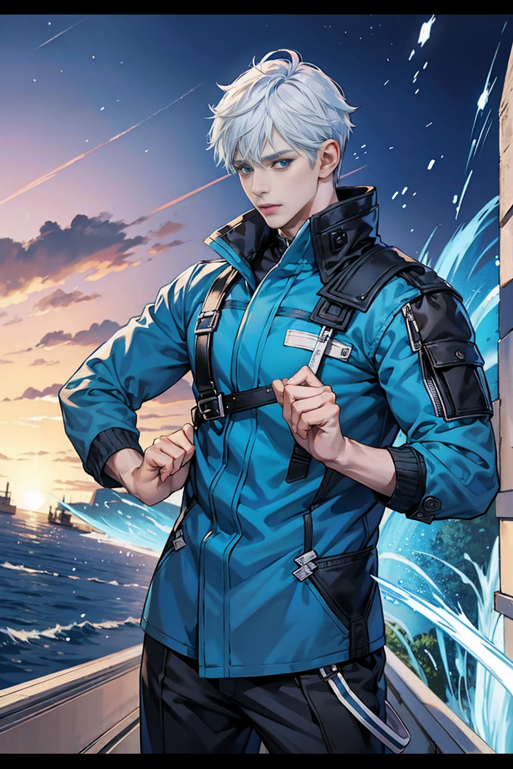 anime boy with black,blue and white hairs and blue eyes wearing a blue jacket, an anime drawing by Kamagurka, pixiv, auto-destructive art, anime visual of a cute boy, anime moe artstyle, anime style 4 k, detailed digital anime art, clean detailed anime art, cute anime boy, splash art anime , , anime style. 8k