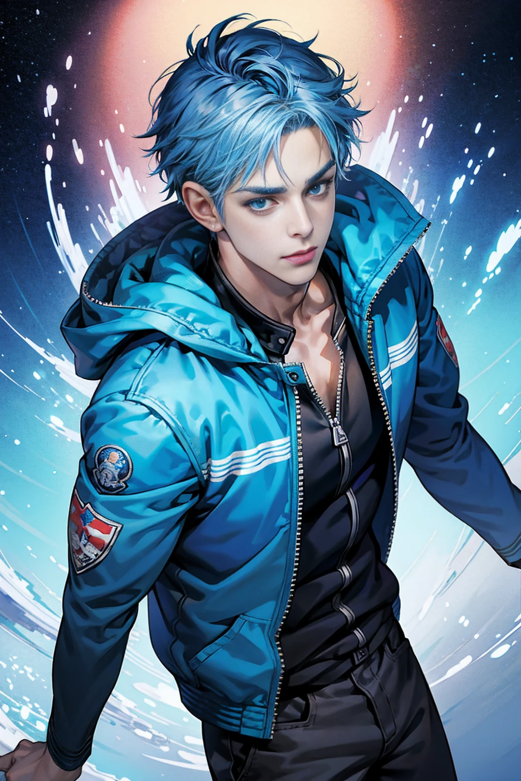 anime boy with black,blue and white hairs and blue eyes wearing a blue jacket, an anime drawing by Kamagurka, pixiv, auto-destructive art, anime visual of a cute boy, anime moe artstyle, anime style 4 k, detailed digital anime art, clean detailed anime art, cute anime boy, splash art anime , , anime style. 8k