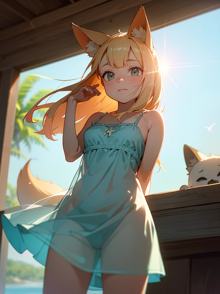 (Sumilux f1.4 24mm , low Latitude old color negative film , cross process , bokeh, flare, chromatic aberration , soft focus, (Shallow focus) , soft glow , Maximum aperture, High Key , Transparent depiction) , dynamic wide angle , Girl peering in , fox ear , round face , Summer dress, strong wind , The hem flutters , in the Roof of a house on a hill overlooking the sea , see-through , Body lines are visible