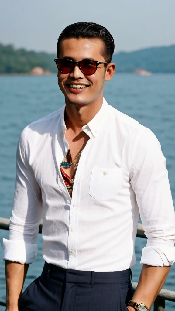 ((best quality)), ((masterpiece)), (detailed), 1man /malaysia. skinny. wear rayban glasses. presley hairstyle. retro style. at lake. big teeth. wear shirt.polkadot
