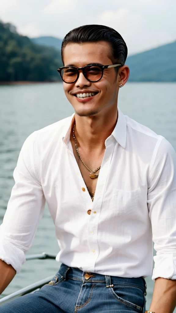 ((best quality)), ((masterpiece)), (detailed), 1man /malaysia. skinny. wear rayban glasses. presley hairstyle. retro style. at lake. big teeth. wear shirt.polkadot
