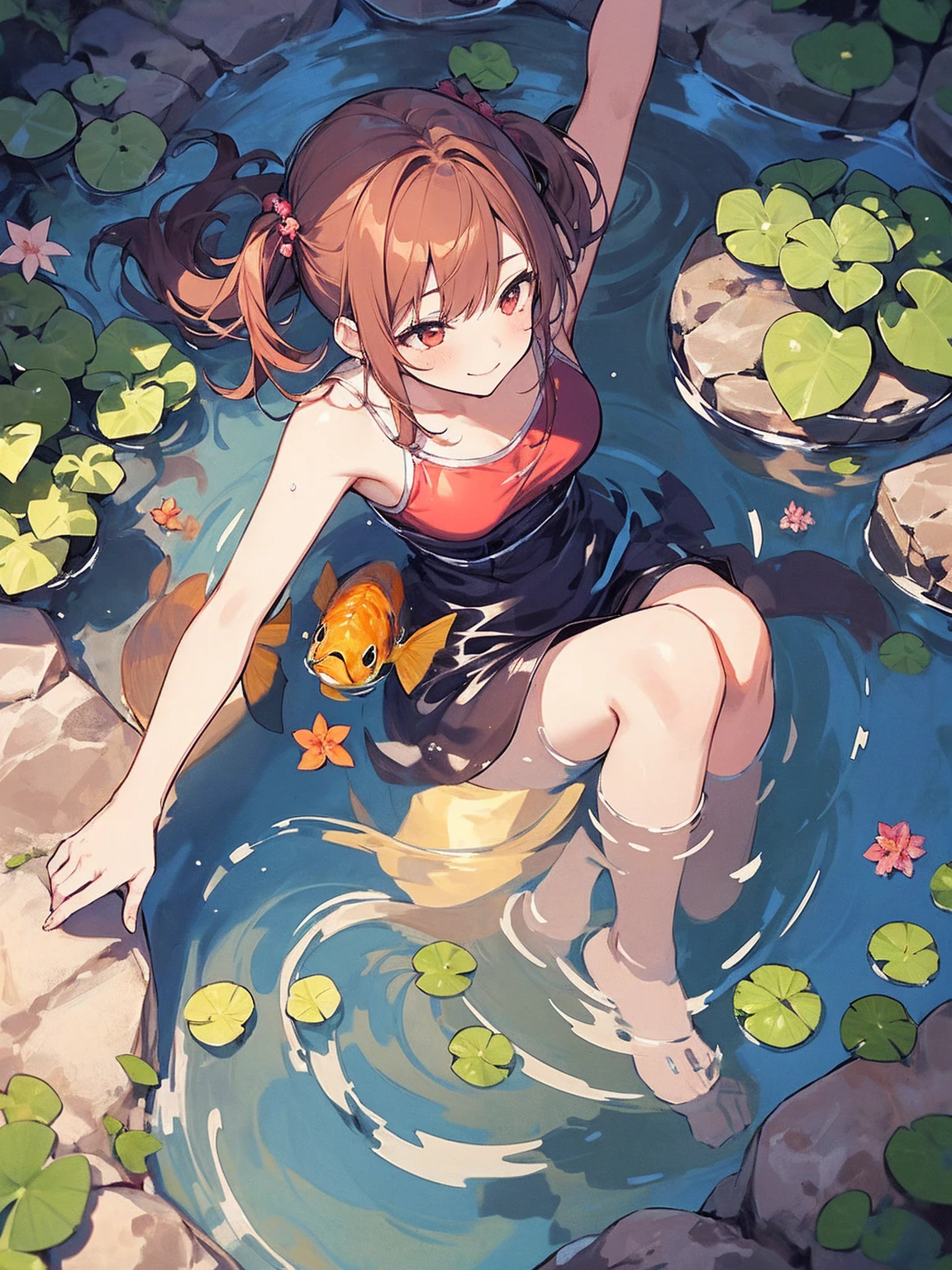 Woman walking on calm water, ((from above:1.5)), From above, Overlooking、Dancing Woman、Bottom Fish, Aquatic plants, Pool, Fish shadow
