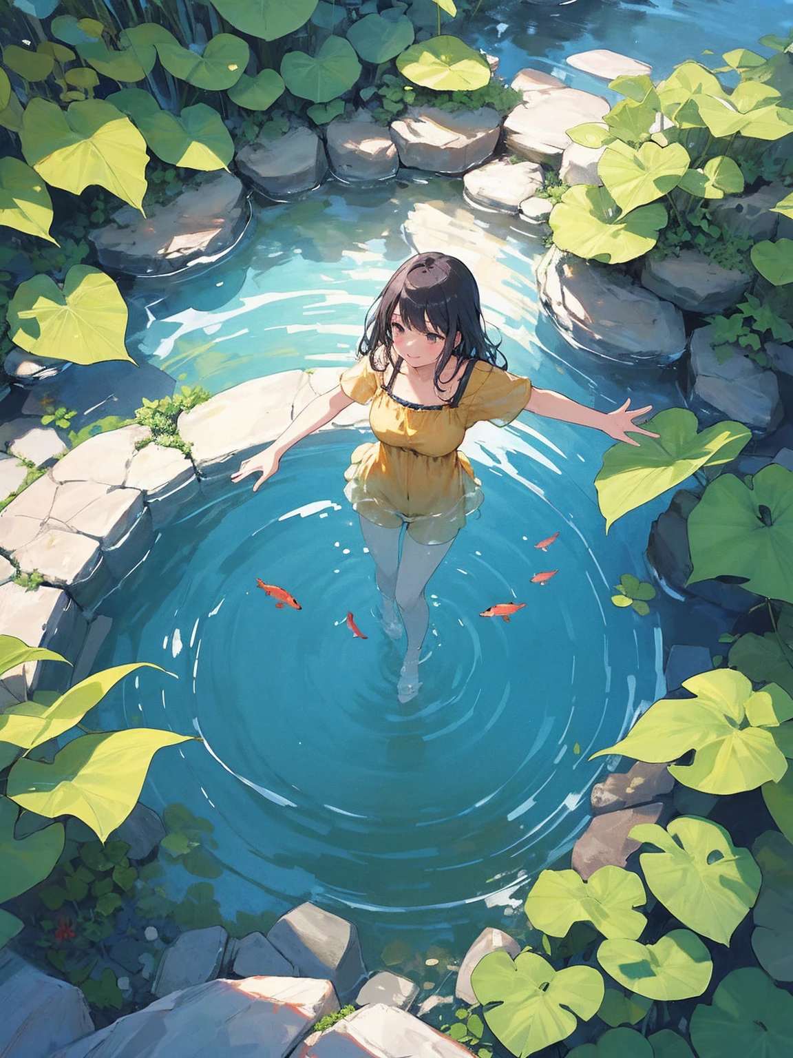Woman walking on calm water, ((from above:1.5)), From above, Overlooking、Dancing Woman、Bottom Fish, Aquatic plants, Pool, Fish shadow