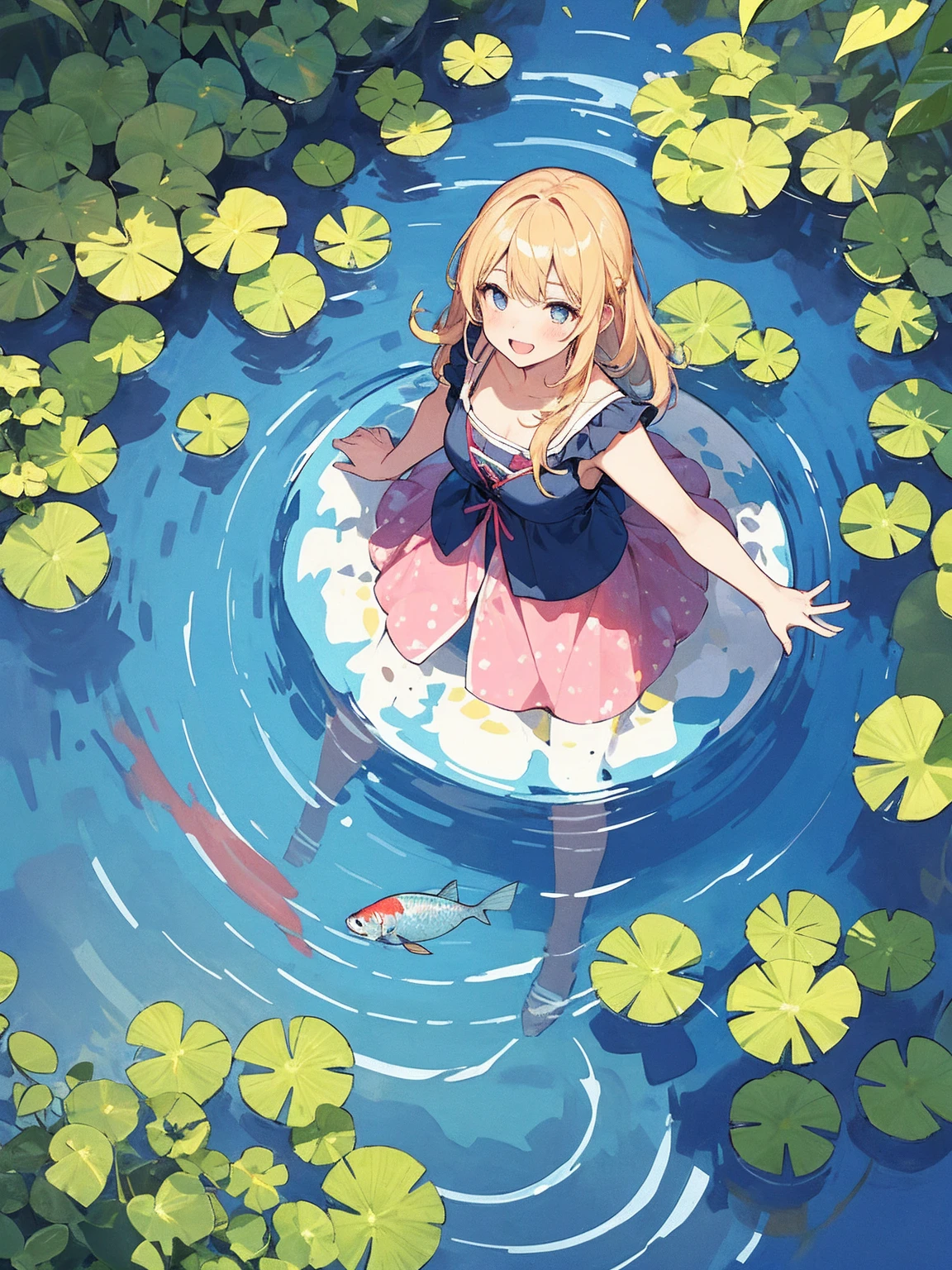 Woman walking on calm water, ((from above:1.5)), From above, Overlooking、Dancing Woman、Bottom Fish, Aquatic plants, Pool, Fish shadow

