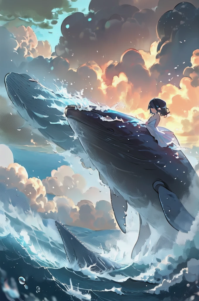 Shuel Big Whale, One girl, cloud, null, alone, Outdoor, dress, water, Ocean, Long Hair, Wave, scenery, white ,dress, Holding, Day, cloudy null, Black Hair, Are standing, hair between eyes, sleeveless dress,xuer Big whale
