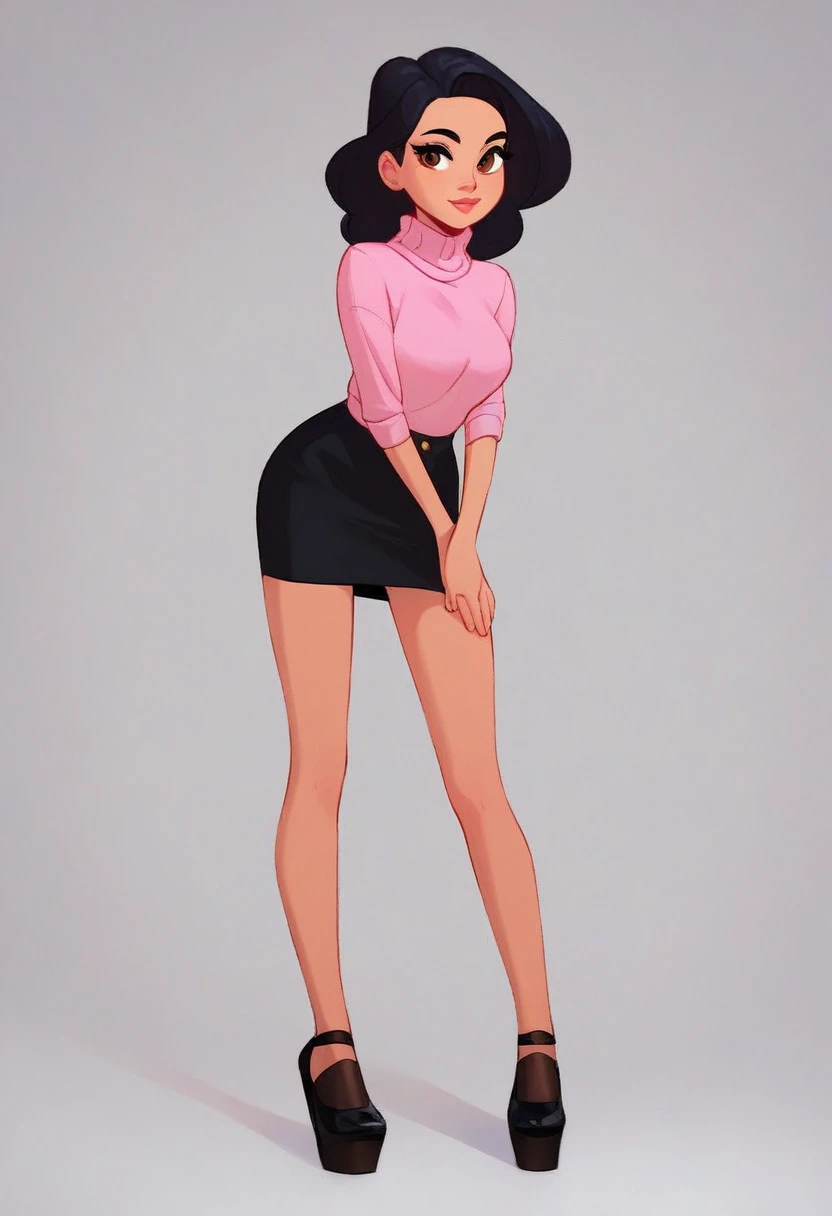 susan_smith, 1girl, full body, solo, simple background, pale brown skin, black hair, brown eyes, black eyelashes, pink sweater, black skirt, white shirt underneath sweater, source